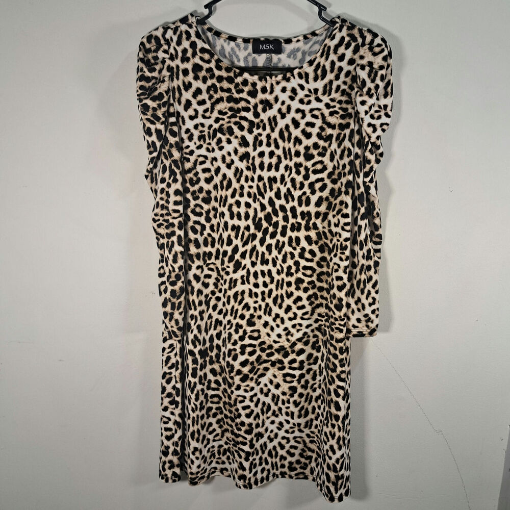 MSK Leopard Print Shift Dress Puffy Shoulders Women's Small